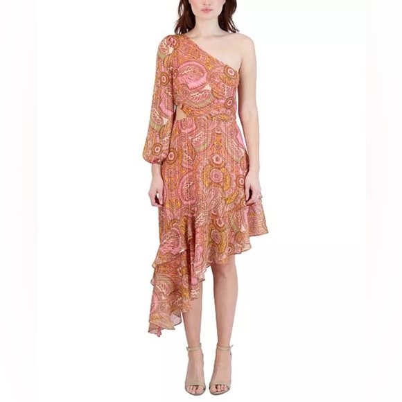 BCBGeneration Paisley One-Shoulder Dress Cut Out Asymmetrical Pink Orange Dress - Picture 2 of 7
